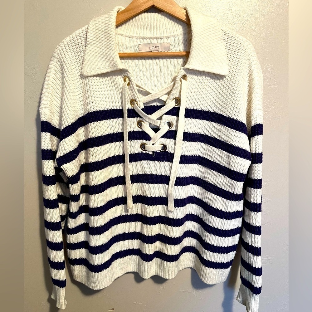 LOFT Women's Striped Sweater - Navy and White - Picture 2 of 10